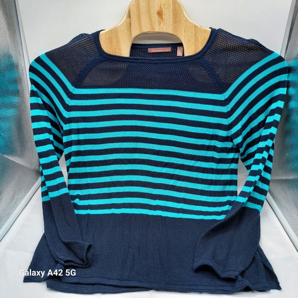 525 America Womens XL Striped Knit Top Blue Teal Rayon Blend Sweater